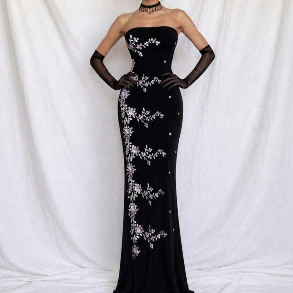 Vintage Black Strapless Velvet Floral Embroidered Maxi Bodycon Slit Dress S/M/L
